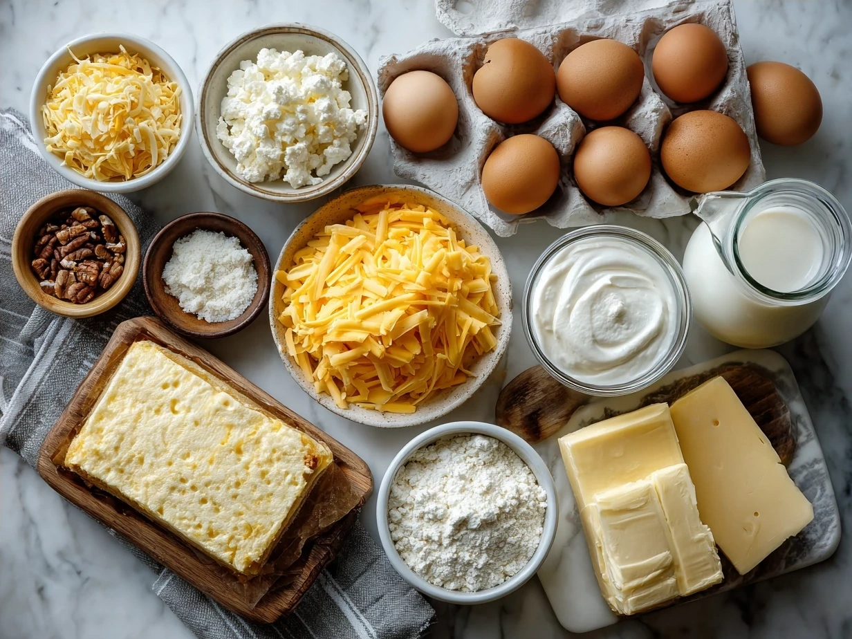 Ingredients for Cheesy Breakfast Casserole including eggs, sharp cheddar cheese, diced ham, bell peppers, green onions, milk, bread, and spices