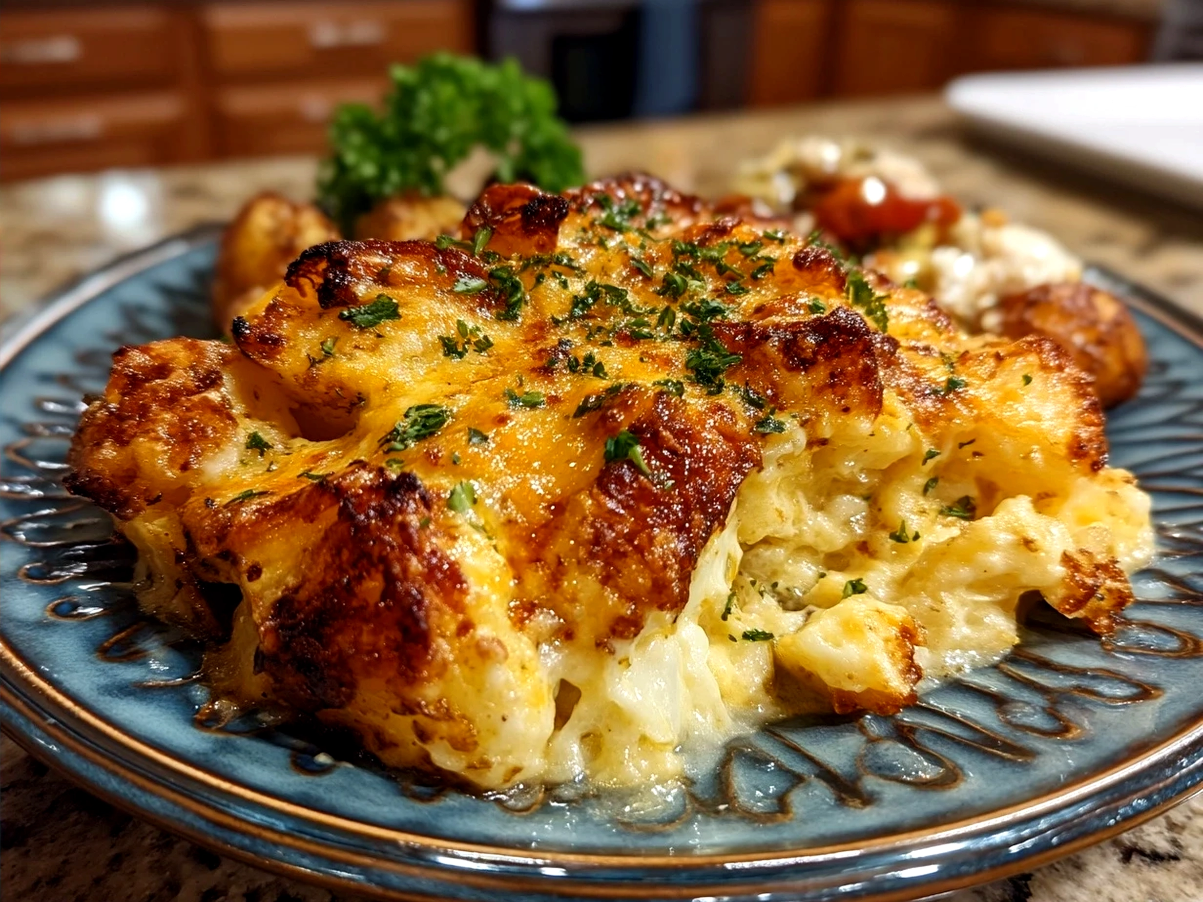 Cheesy Funeral Potatoes served on a colorful plate with a golden crust