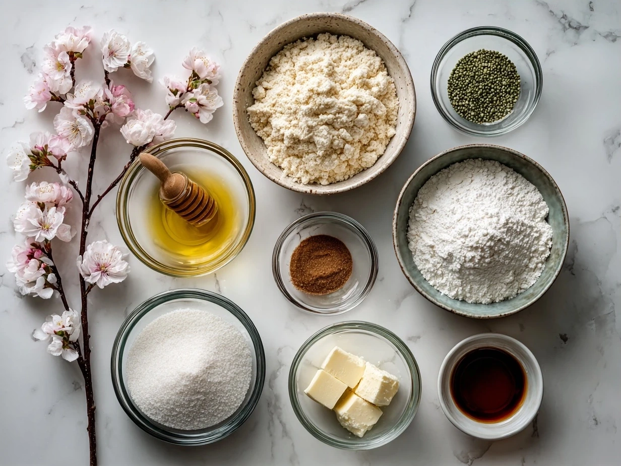 Ingredients for cherry blossom cookies including flour, butter, sugar, and cherry blossom essence