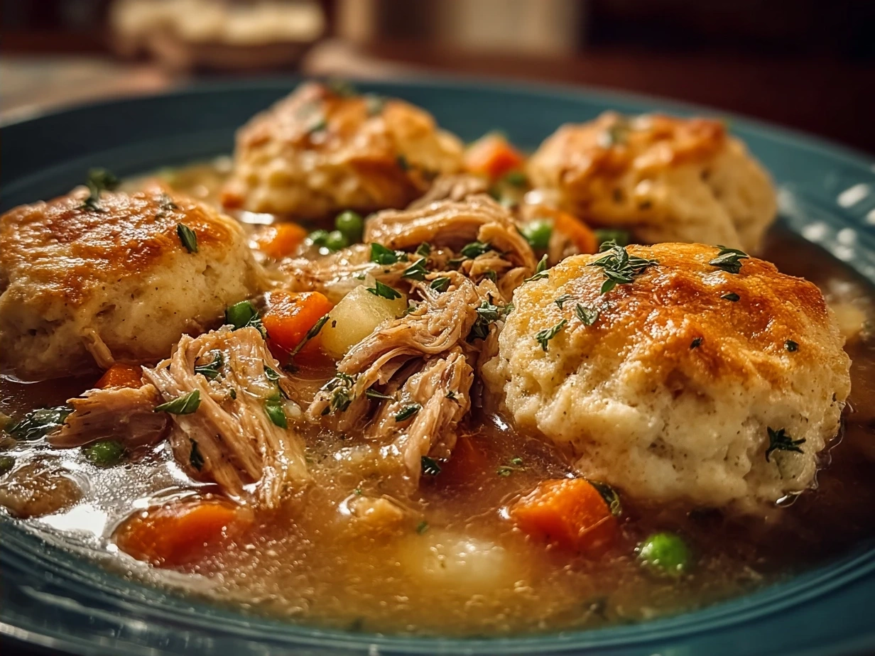 Final delicious Chicken and Dumplings dish served in a bowl