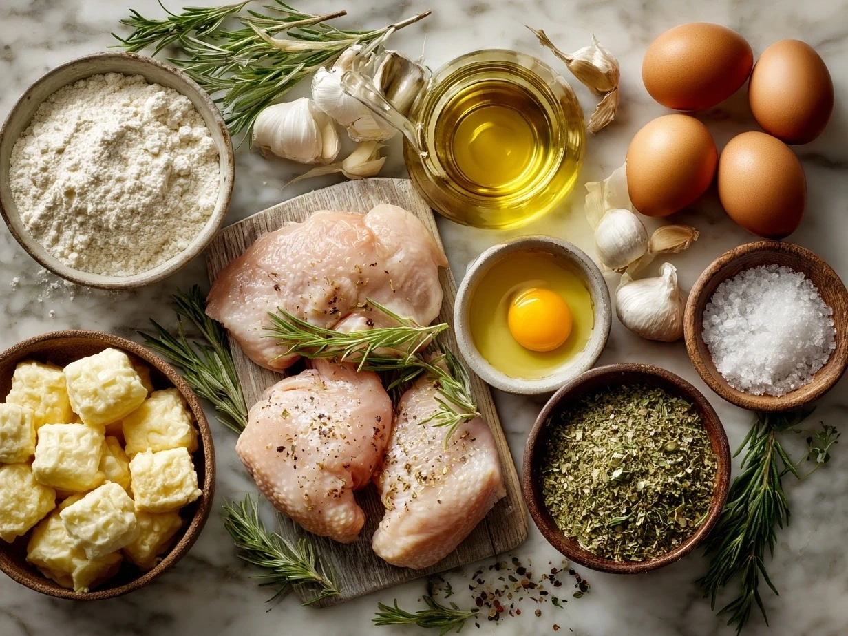Ingredients for Chicken and Dumplings including chicken, vegetables, flour, and herbs
