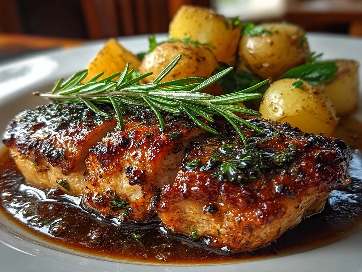 Final plated Chicken and Potatoes Dijon Sauce recipe with creamy sauce and roasted potatoes