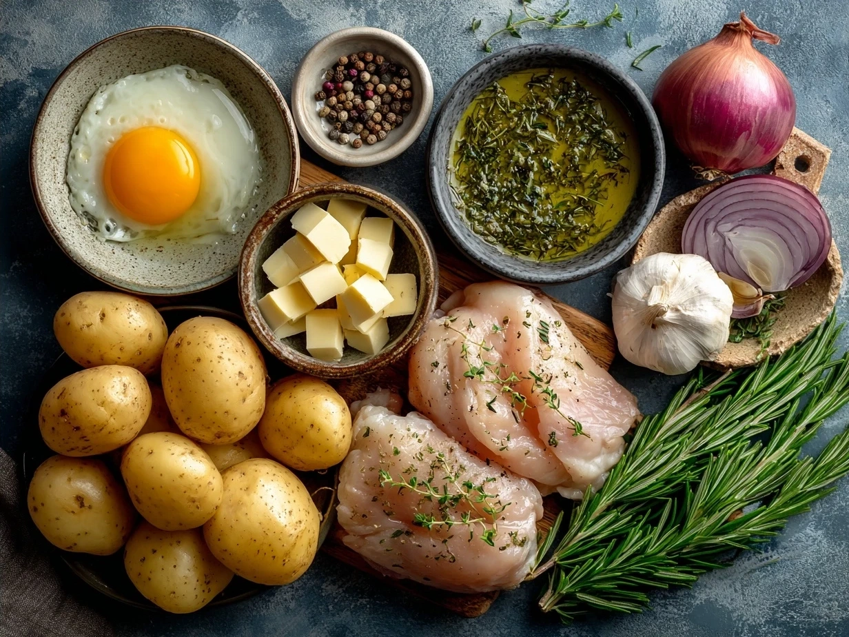 Ingredients for Chicken and Potatoes Dijon Sauce recipe including chicken thighs, baby potatoes, olive oil, garlic, Dijon mustard, heavy cream, thyme, salt, and pepper