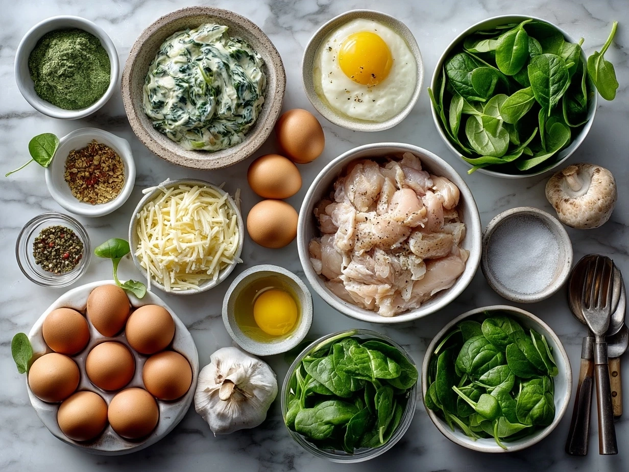 Ingredients for Chicken and Spinach Casserole including fresh spinach, cheeses, chicken, and seasonings