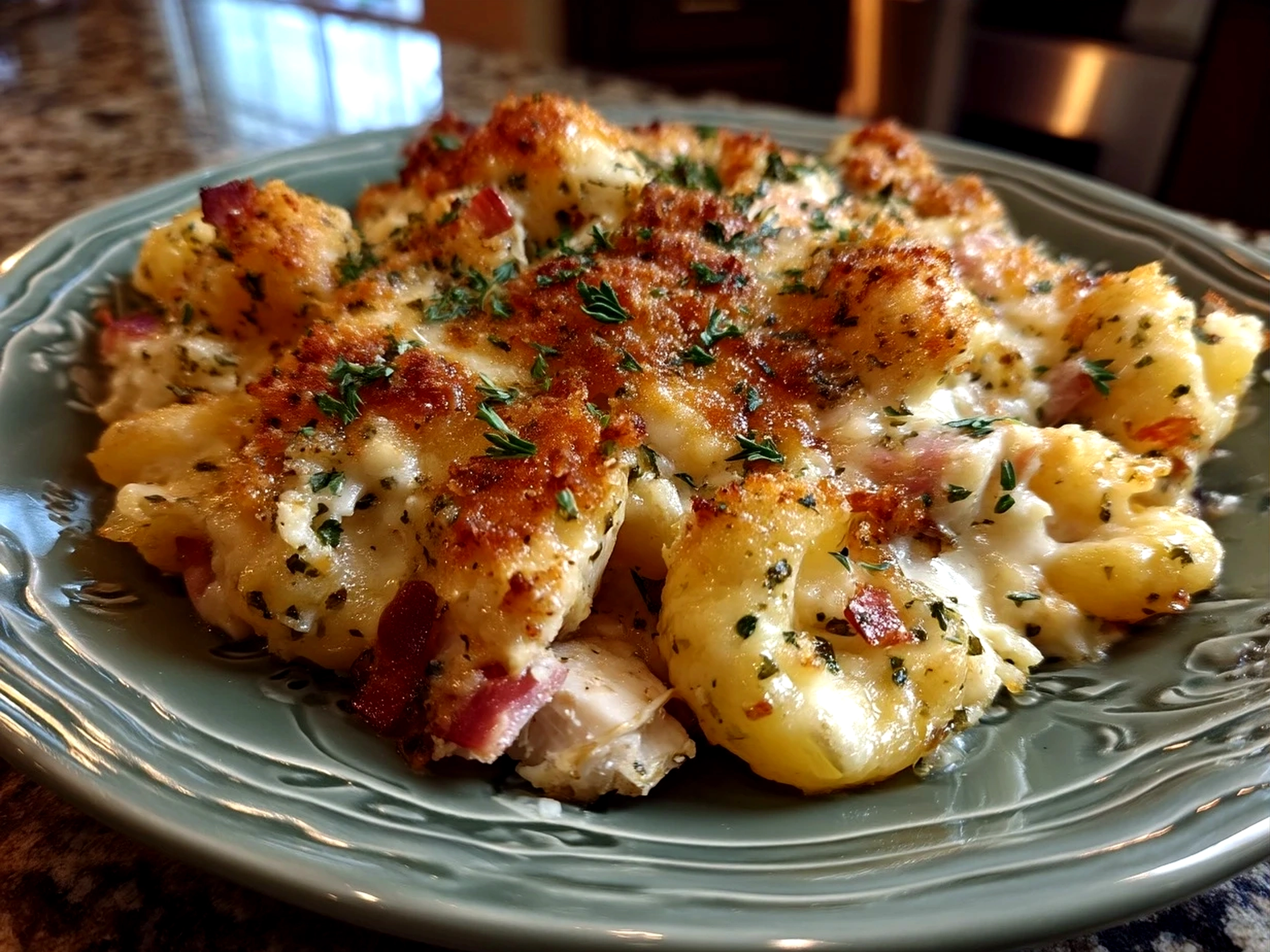 Finished Chicken Cordon Bleu Casserole with golden topping and melted cheese