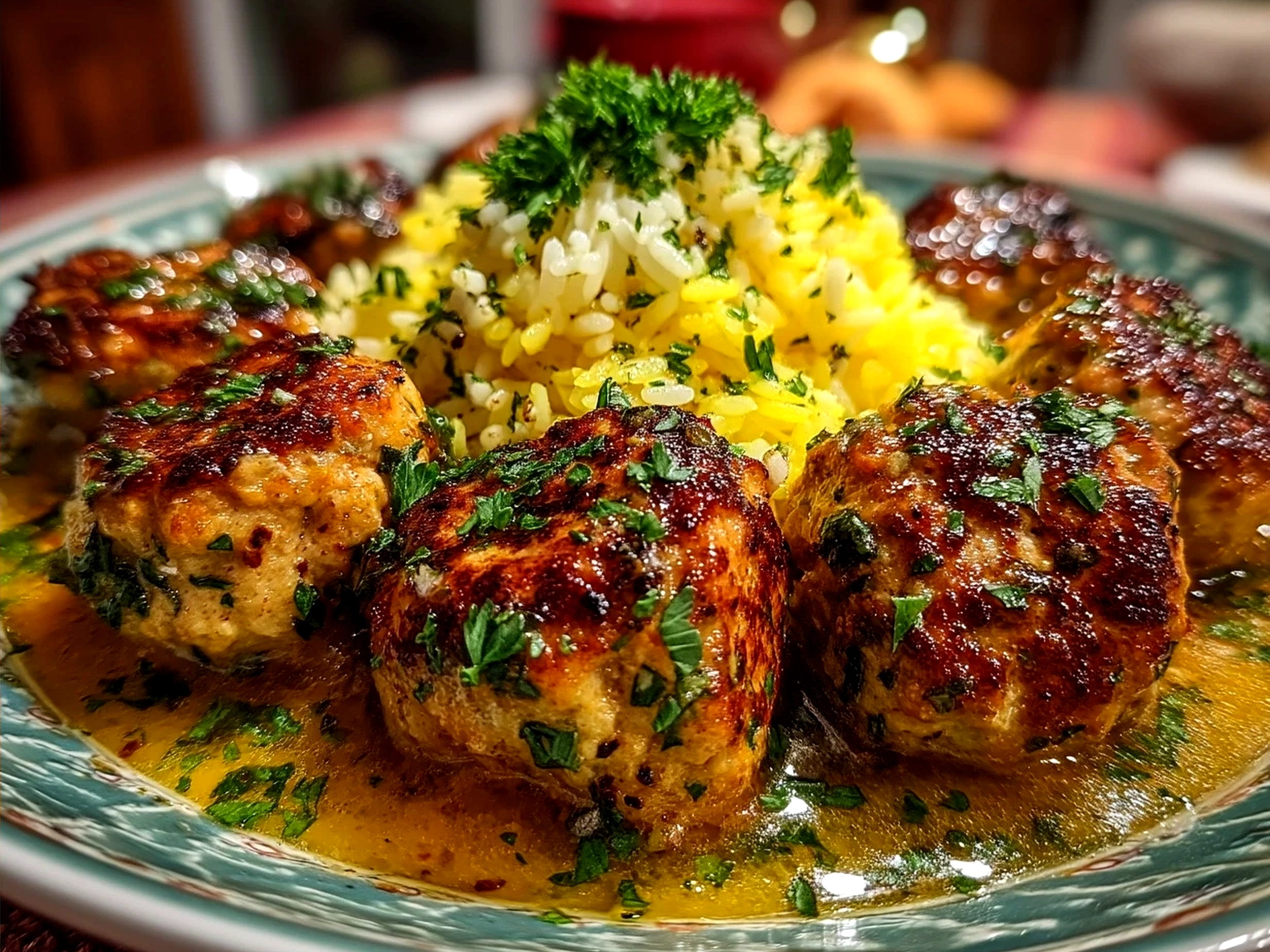 Plated Chicken Kofta Meatballs garnished with fresh herbs and lemon wedges