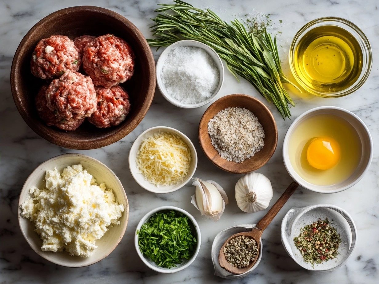 Ingredients for Chicken Kofta Meatballs including ground chicken, thyme, garlic, breadcrumbs, and spices