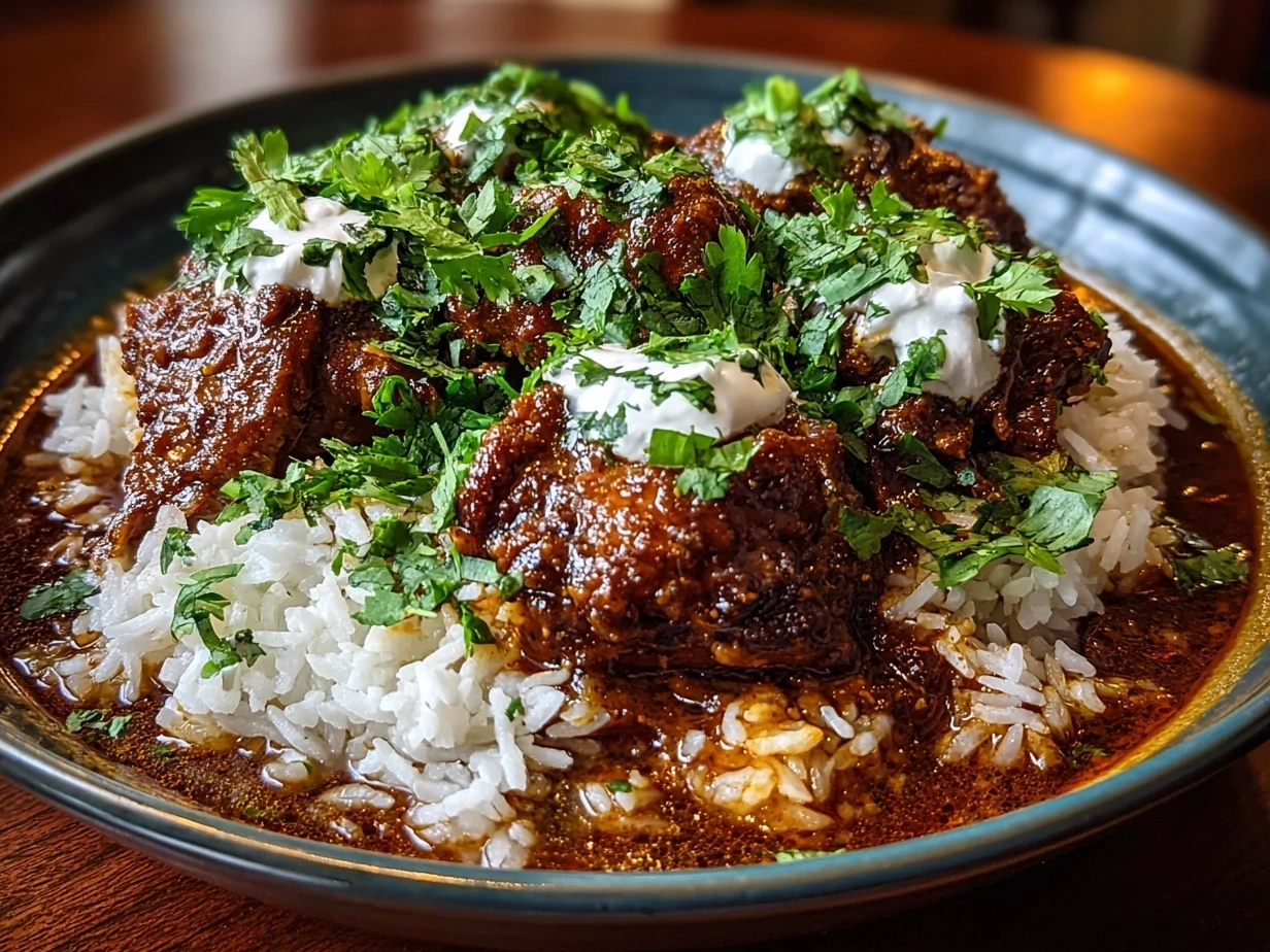 Finished chicken mole plated with mole sauce and garnishes