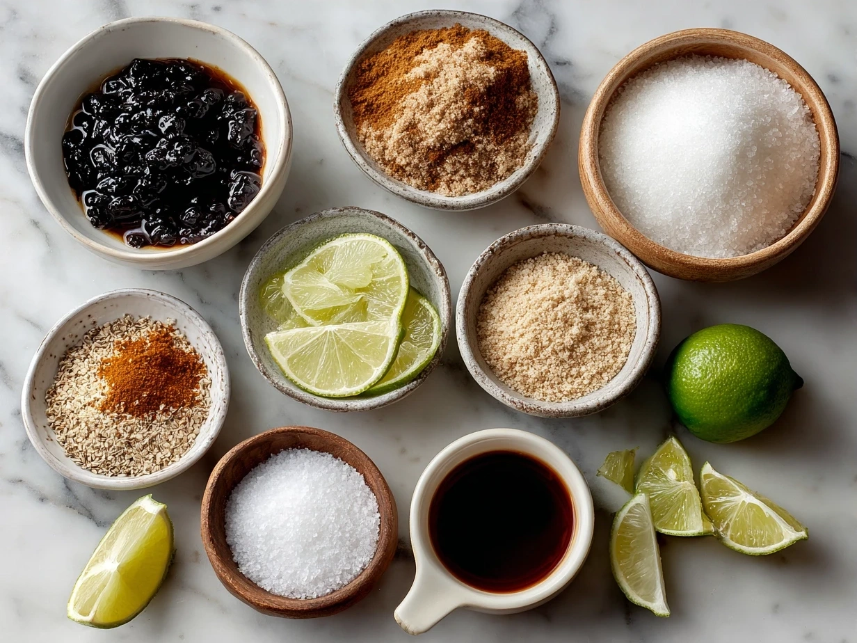 Ingredients for chicken mole recipe including dried chiles, chicken thighs, spices, and chocolate