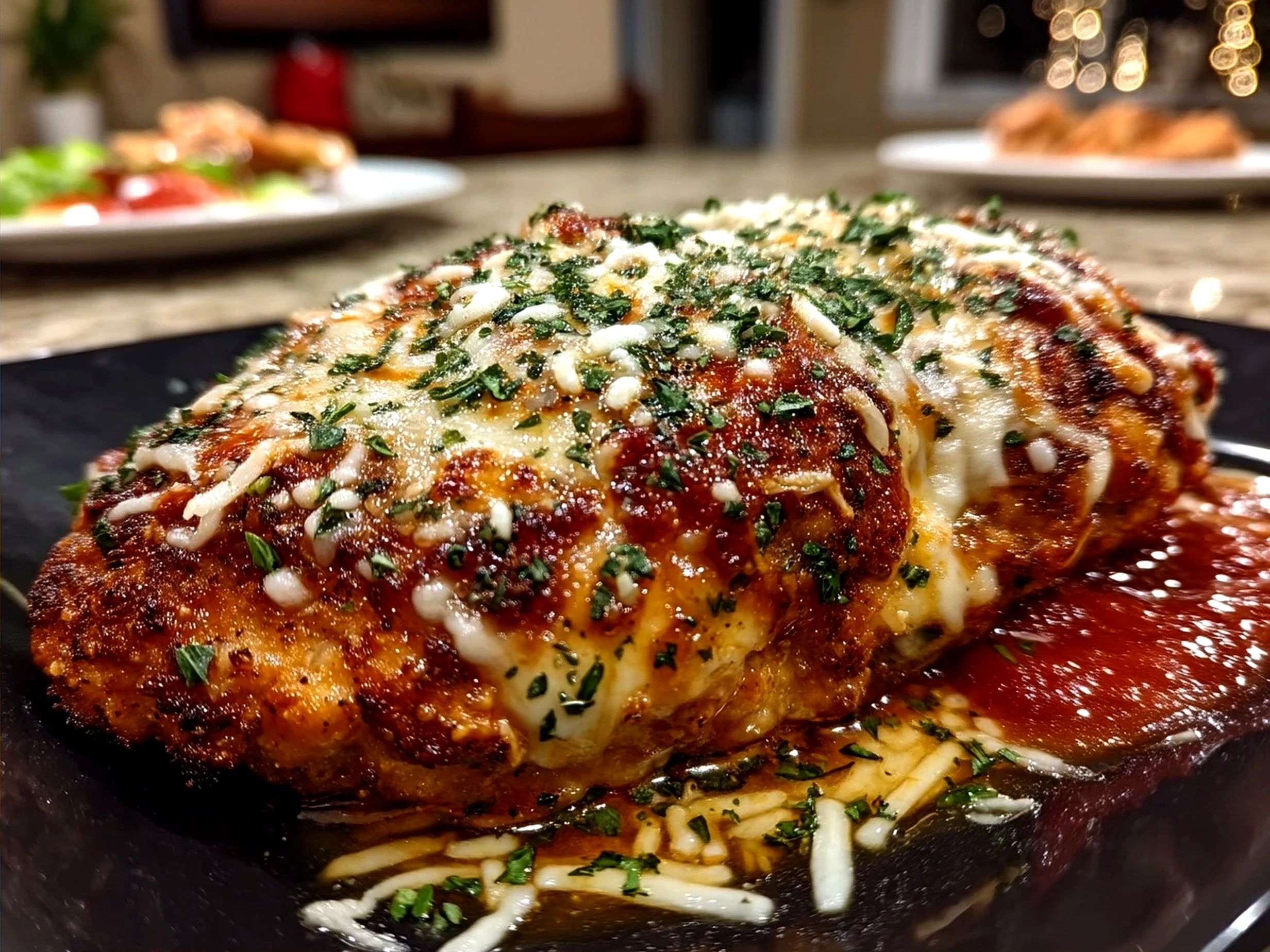 Plated chicken parmesan with melted cheese, marinara sauce and basil garnish