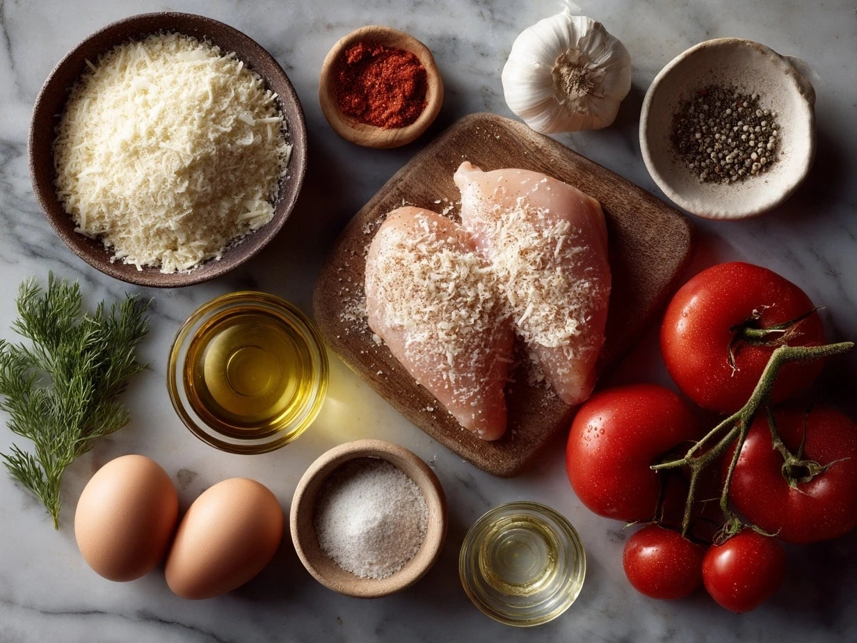 Ingredients for chicken parmesan including chicken breasts, breading, eggs, marinara sauce, mozzarella cheese, Parmesan cheese, flour, olive oil, and fresh basil