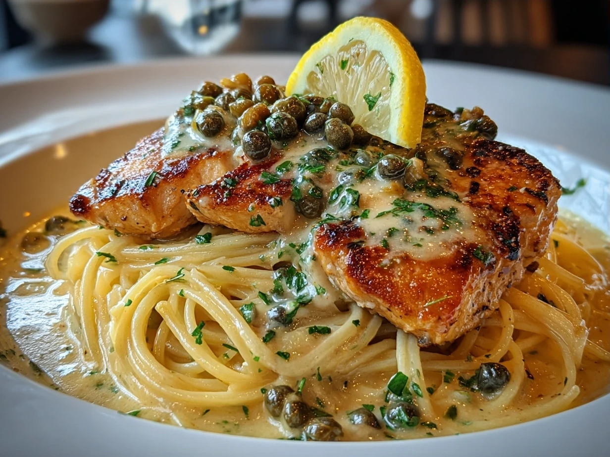 Final delicious serving of Chicken Piccata Pasta garnished with parsley and lemon