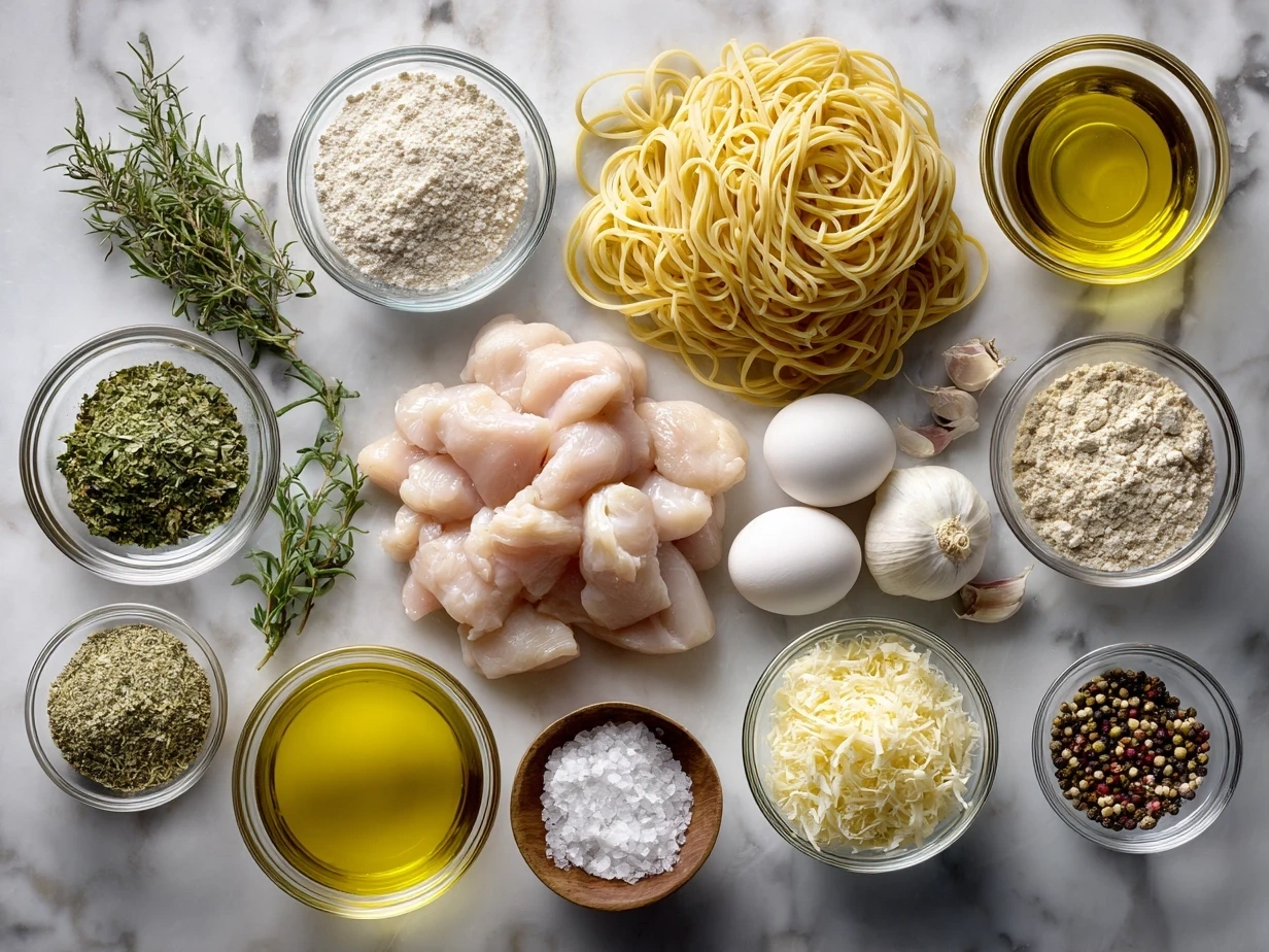 Ingredients for Chicken Piccata Pasta including chicken breasts, linguine, butter, capers, and lemon