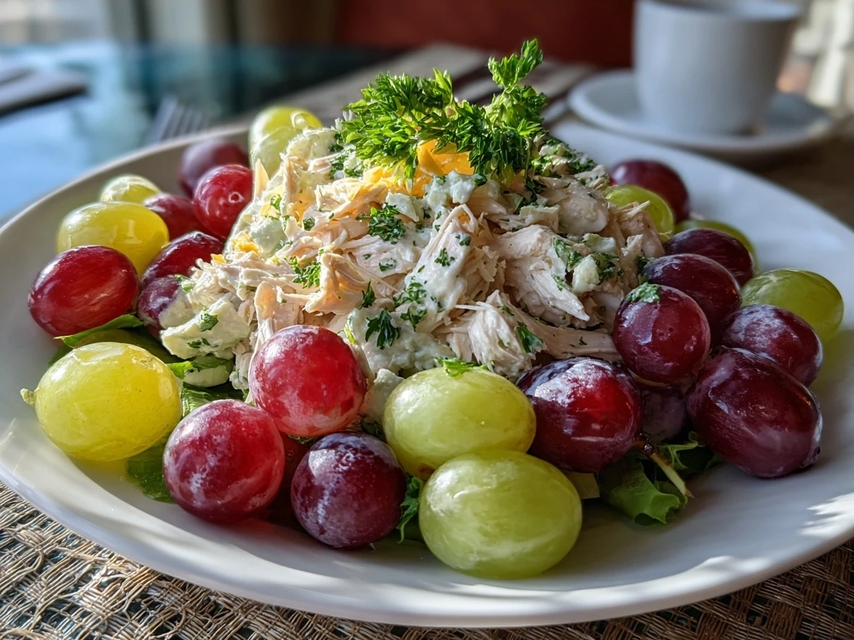 Delicious final Chicken Salad Chick Grape Salad topped with buttery pecans