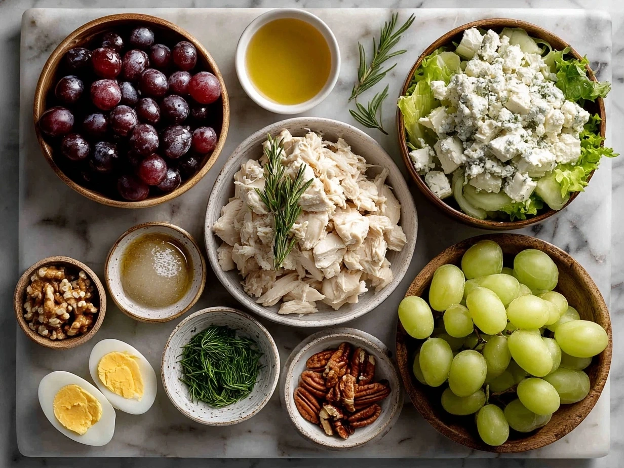 Ingredients for Chicken Salad Chick Grape Salad including grapes, cream cheese, sour cream, pecans