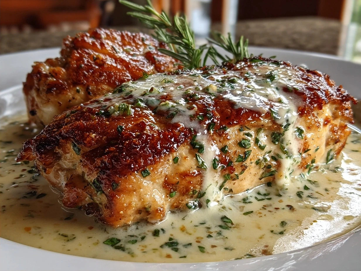 Finished Chicken with Boursin Sauce dish plated and garnished