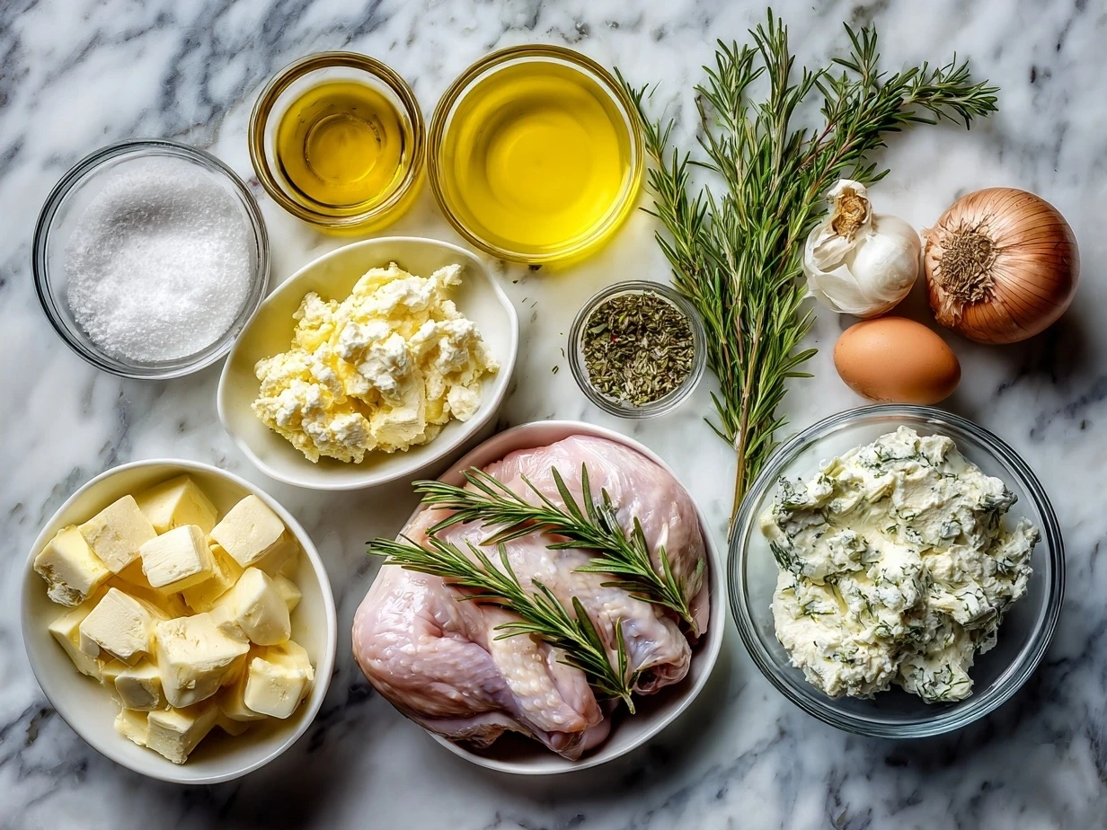 Ingredients for Chicken with Boursin Sauce including chicken breasts, Boursin cheese, flour, and herbs