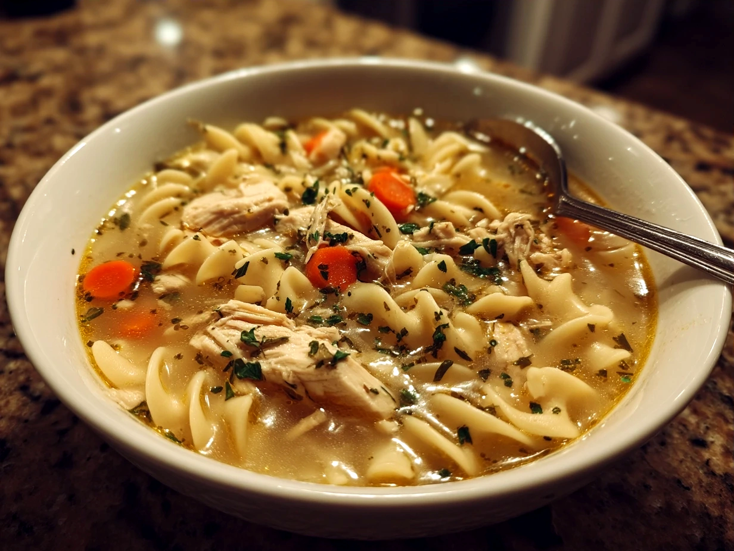 Serving bowl of creamy Chick Fil A Chicken Noodle Soup garnished with herbs and crackers on the side