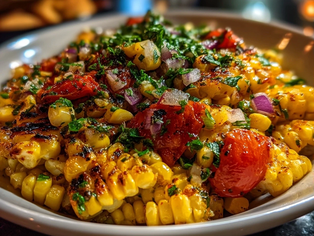 Final chipotle corn salsa served in a bowl with fresh cilantro and lime wedges