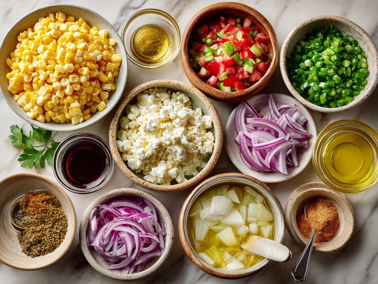 Ingredients for chipotle corn salsa including corn, chipotle peppers, onion, jalapeño, cilantro, and lime
