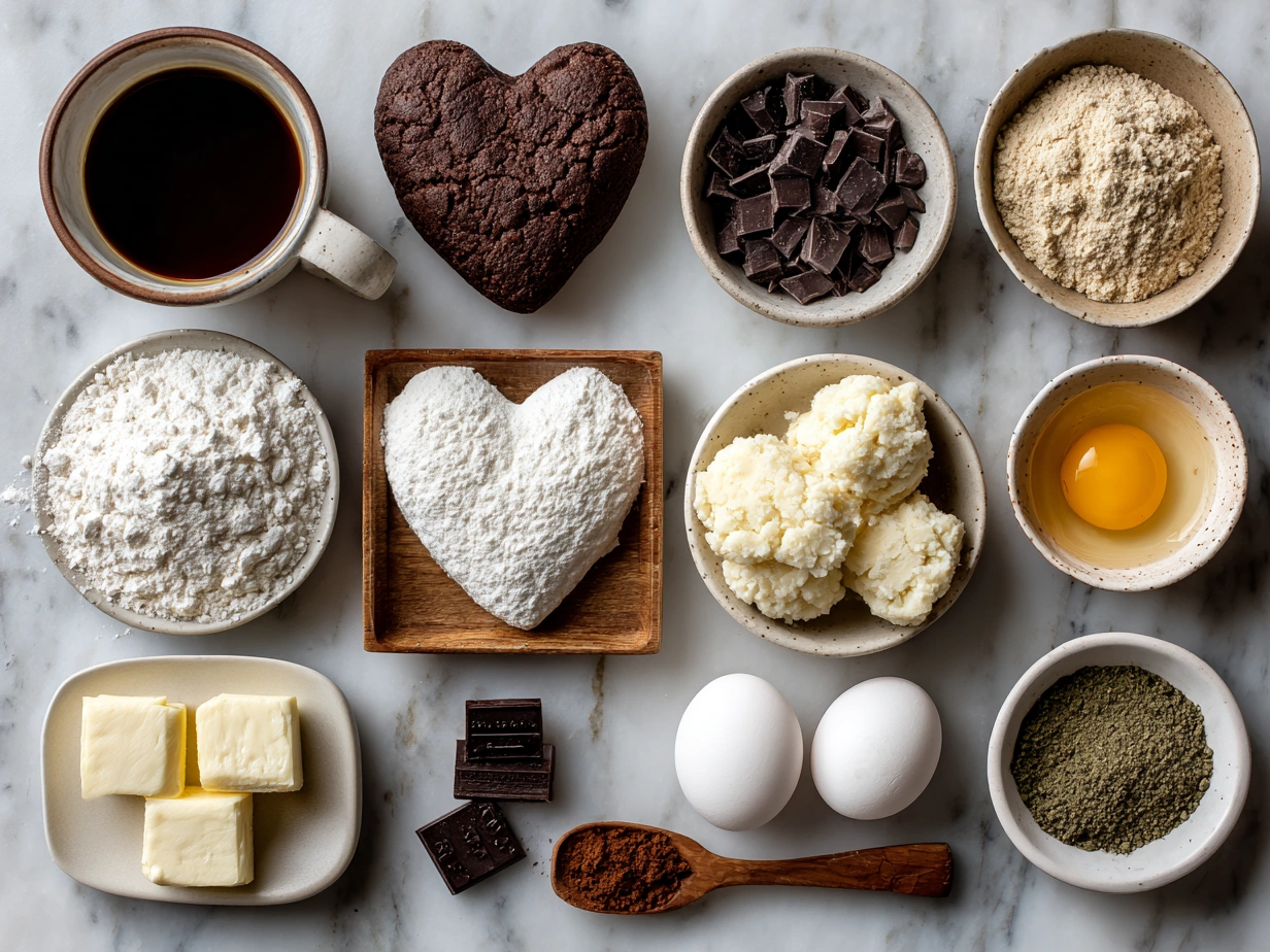 Ingredients for Chocolate Cut-Out Heart Cookies including butter, sugar, cocoa powder, flour, and vanilla extract