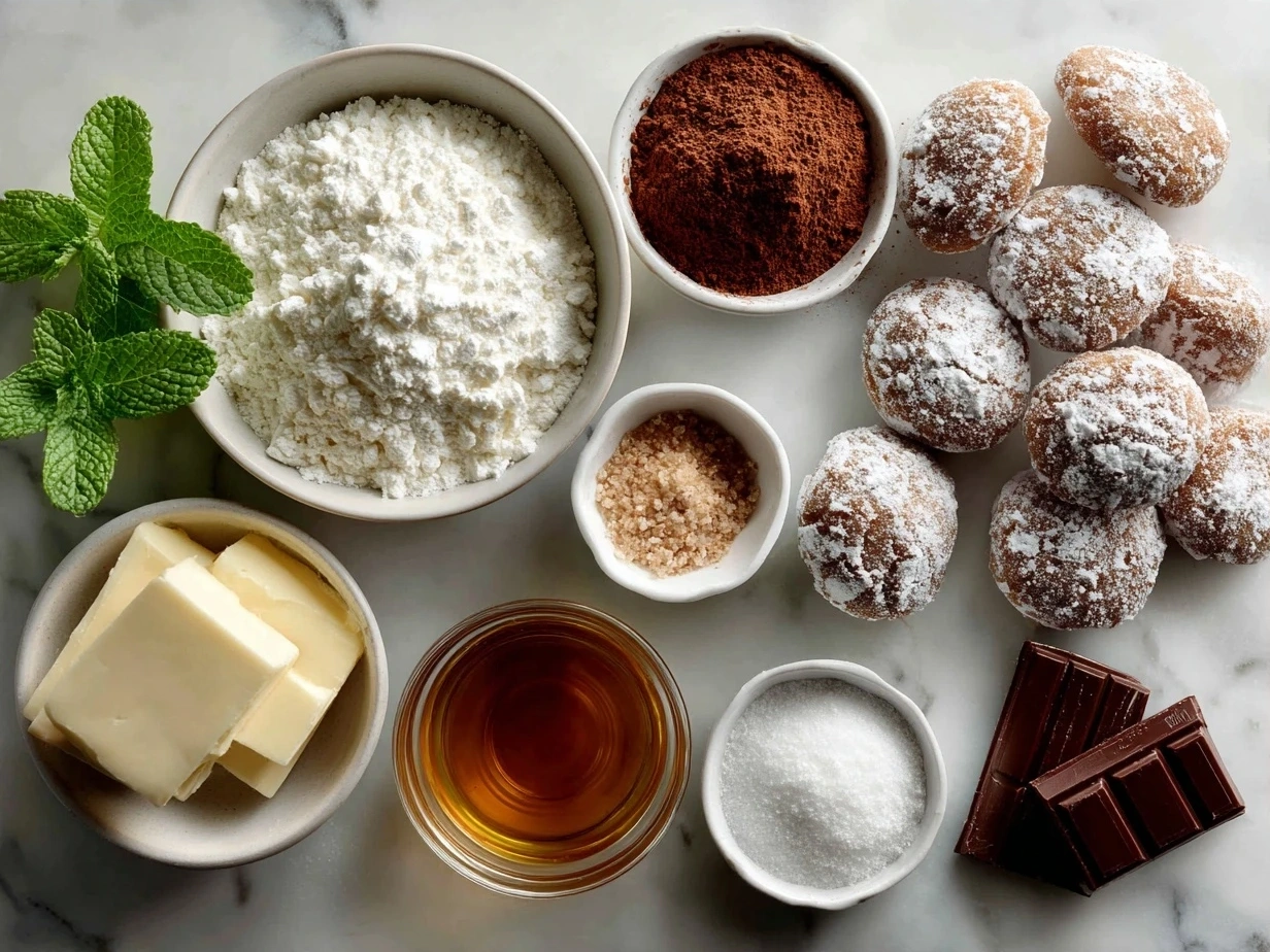 Ingredients for Chocolate Mint Crinkles including flour, cocoa powder, sugar, eggs, and peppermint extract