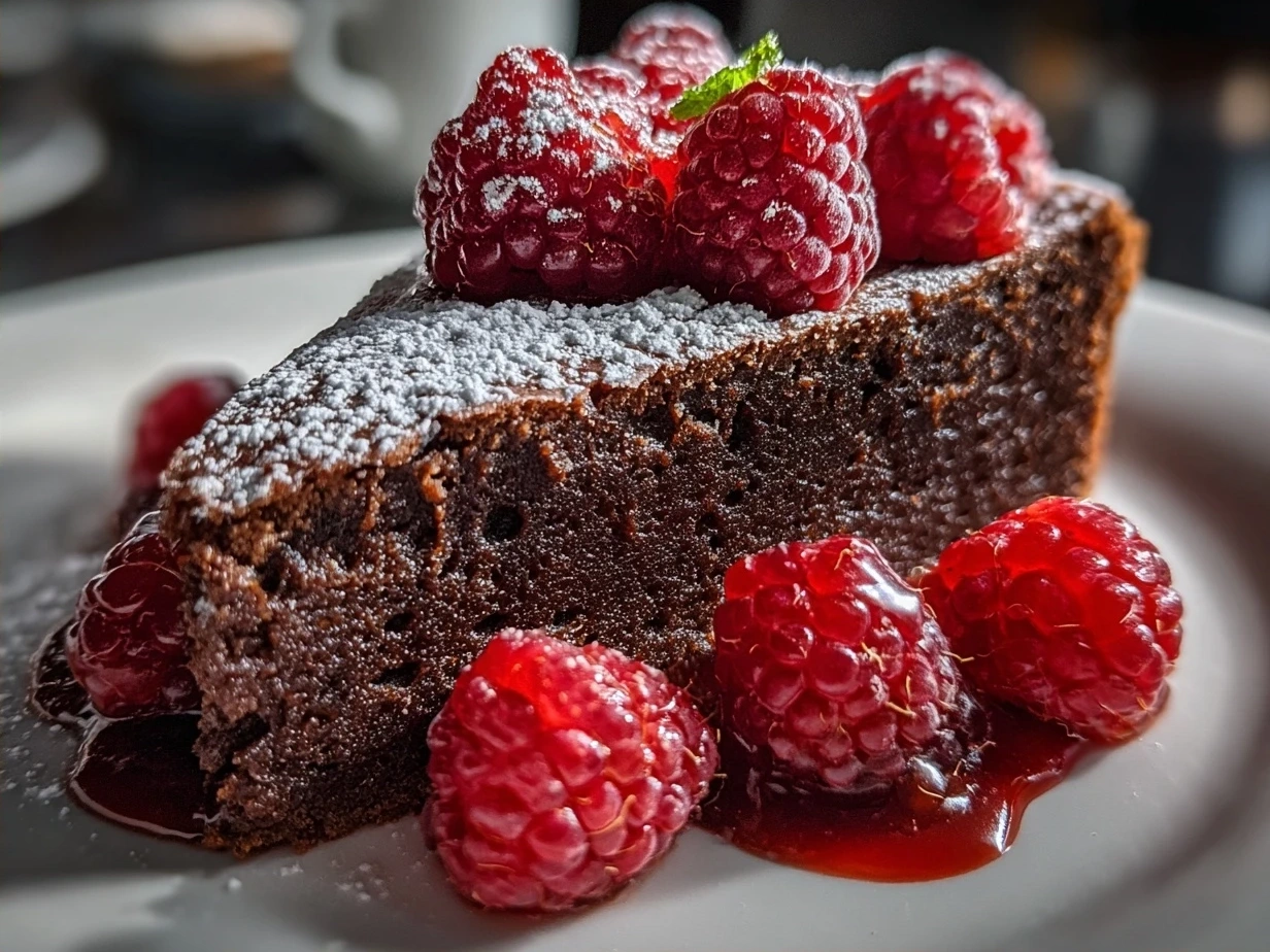A beautifully decorated Chocolate Raspberry Cake slice revealing rich layers and fresh raspberries