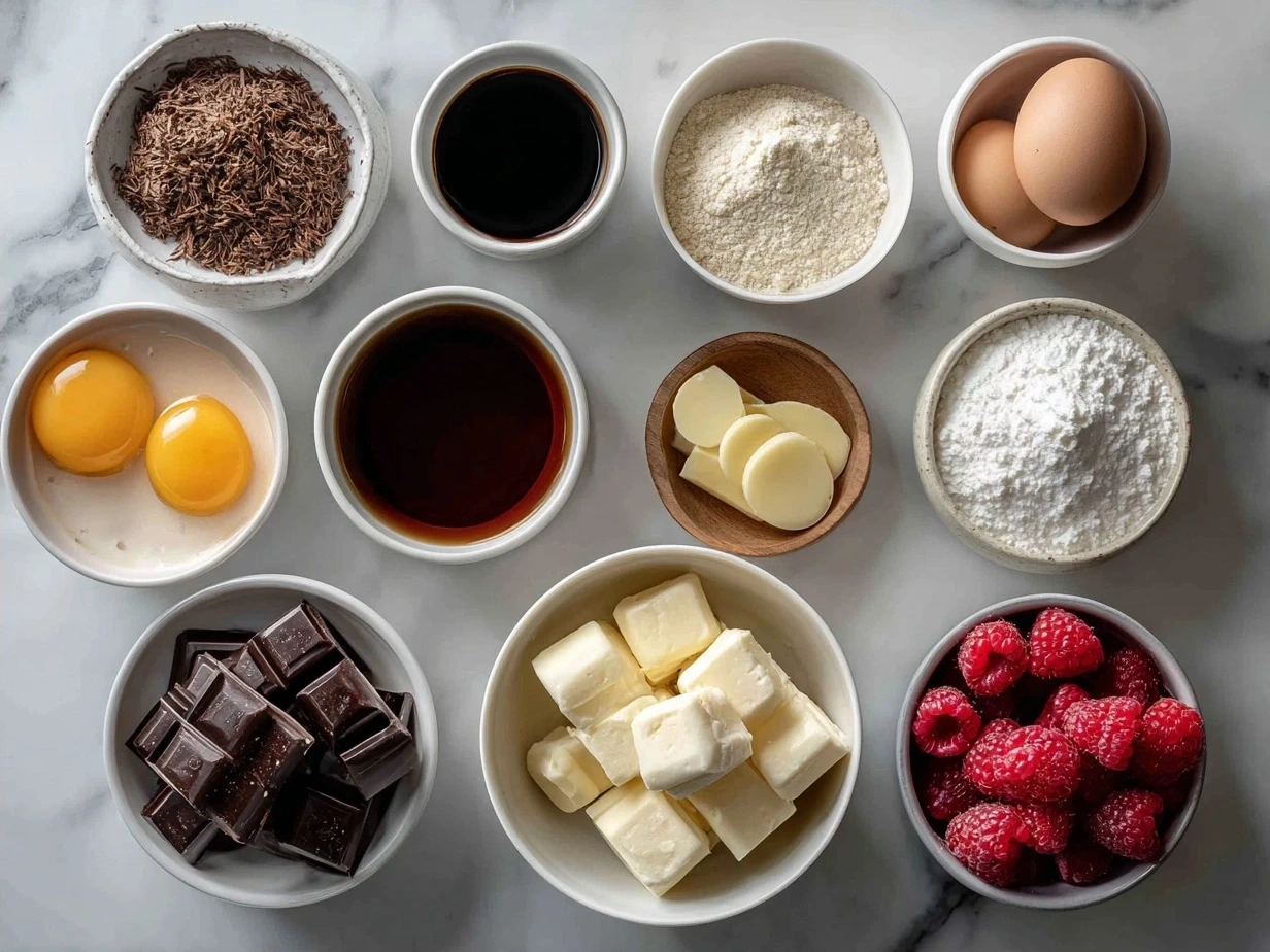 Ingredients for decadent Chocolate Raspberry Cake laid out on a countertop