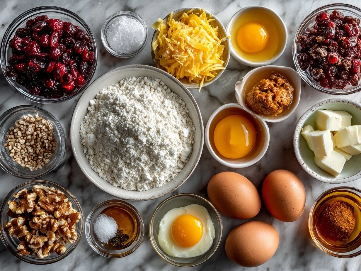 Ingredients for Christmas Breakfast Casserole including sausage, eggs, cheese, and bread cubes