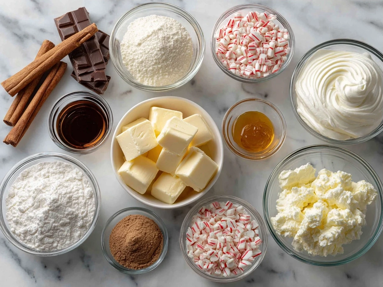 Ingredients for Christmas Cool Whip Candy including Cool Whip, vanilla wafers, powdered sugar, peppermint candies, chocolate chips, vanilla extract, and salt