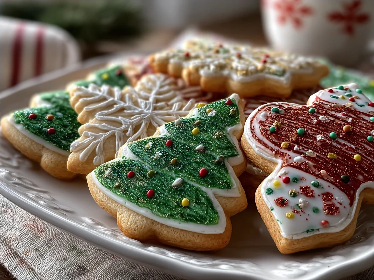 Beautifully decorated Christmas Lights Cookies arranged on a festive platter with sprigs of rosemary.