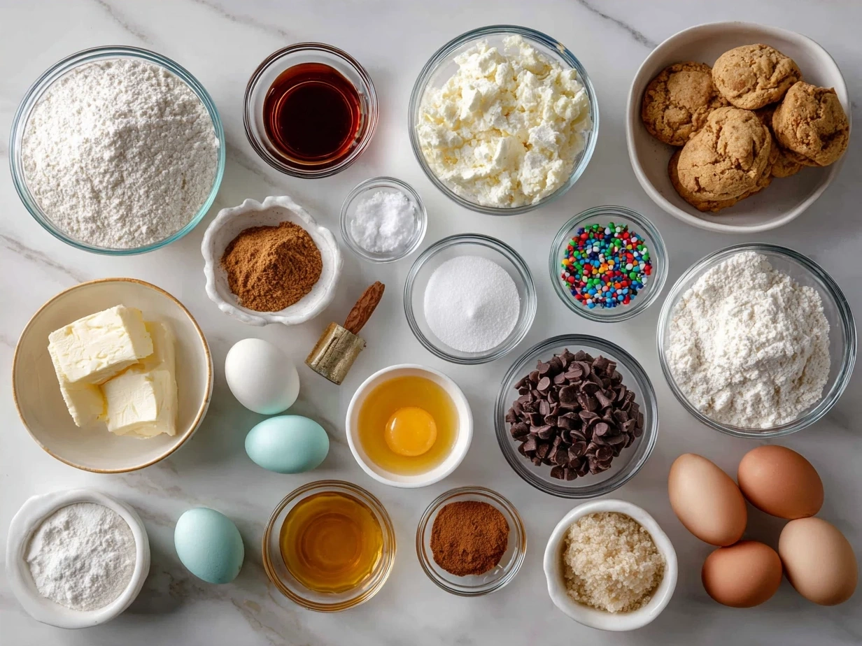 Assortment of ingredients for Christmas Lights Cookies, including flour, butter, sugar, eggs, vanilla, and various gel food colorings.