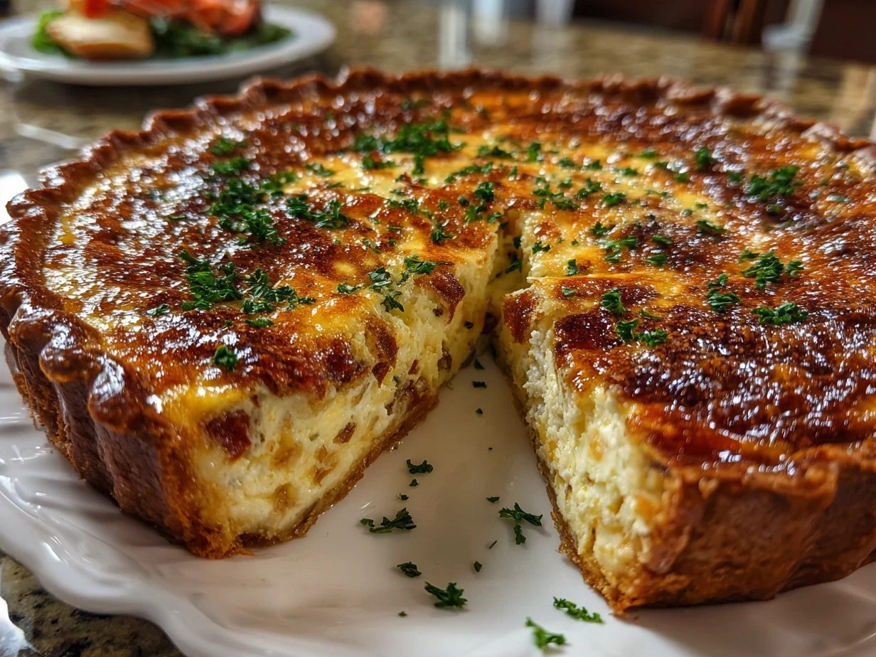 Freshly baked Christmas Morning Quiche with golden crust and melted cheese