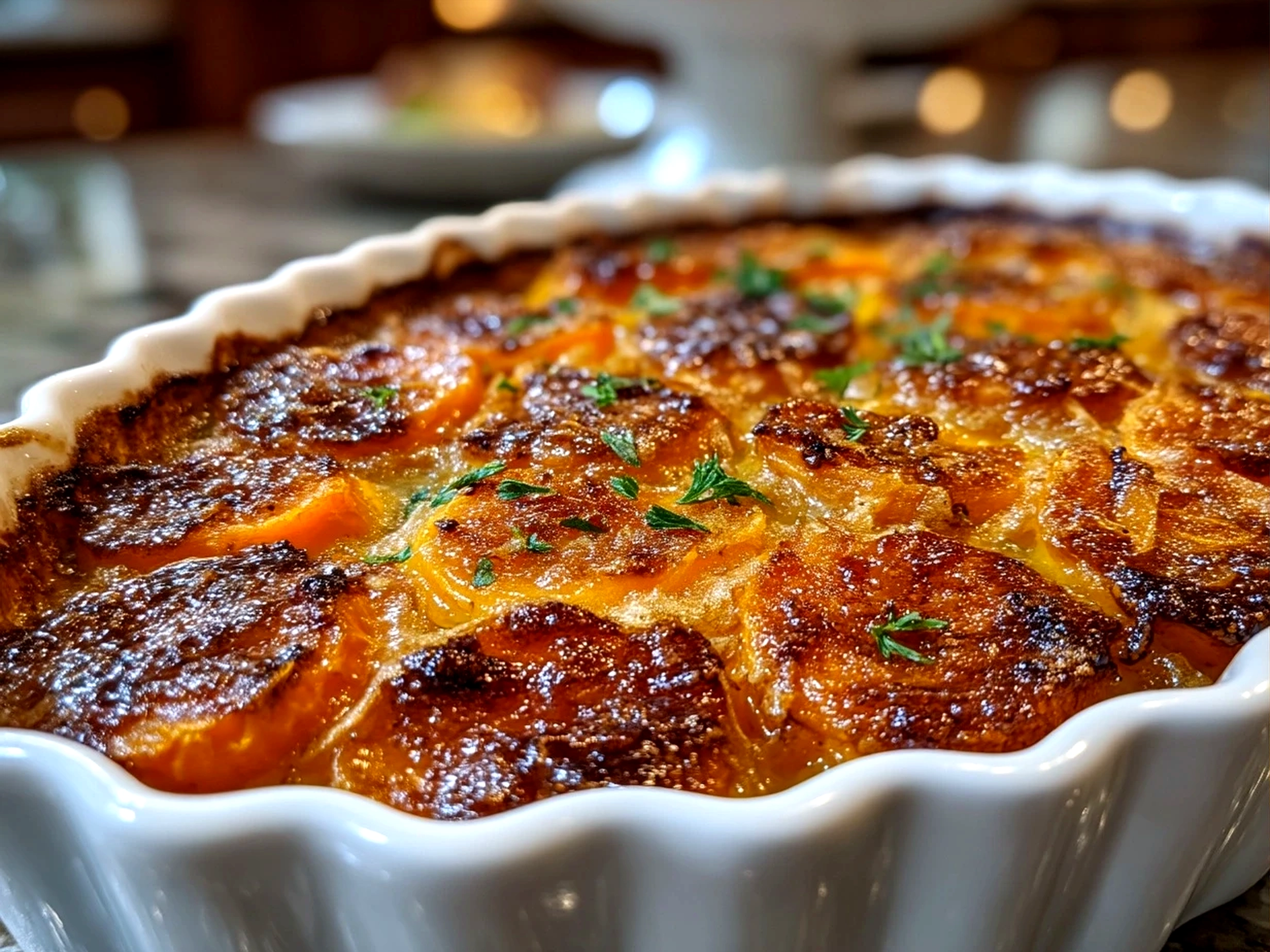 Golden brown Cinnamon Scalloped Sweet Potatoes served for a festive meal