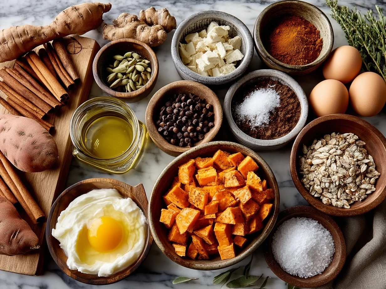 Ingredients for Cinnamon Scalloped Sweet Potatoes laid out