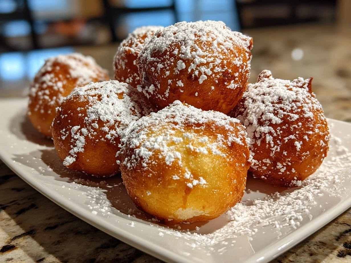 Close-up of golden brown Homemade Buñuelos dusted with cinnamon sugar.