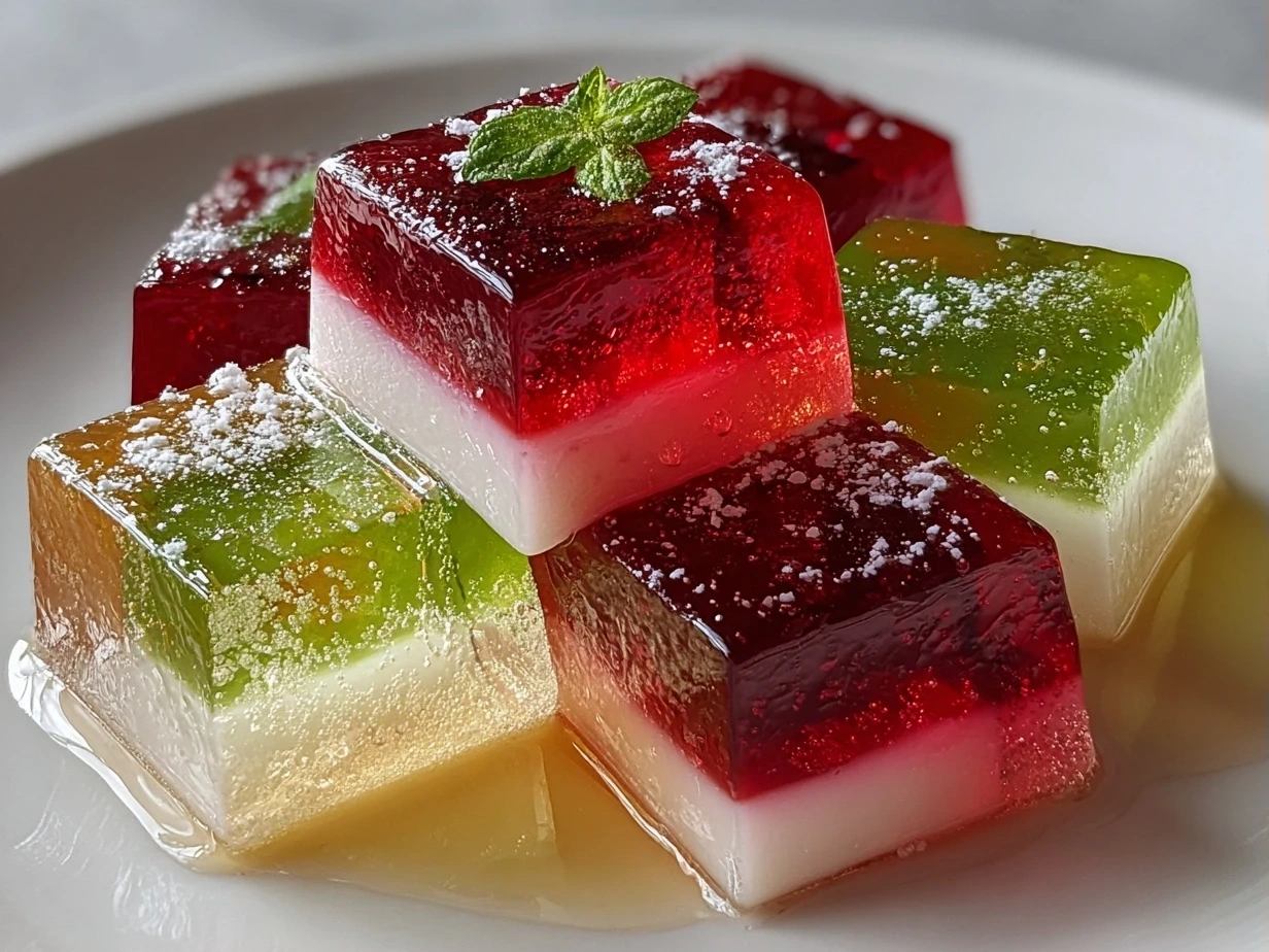 Close-up of finished jello shots with fruit garnish.