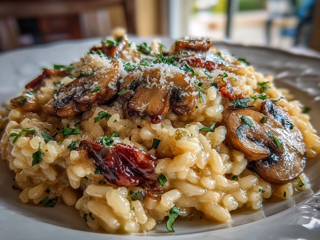 Close up of finished mushroom risotto on a white plate with parsley garnish.