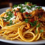 Close-up of Homemade Crockpot Chicken Spaghetti