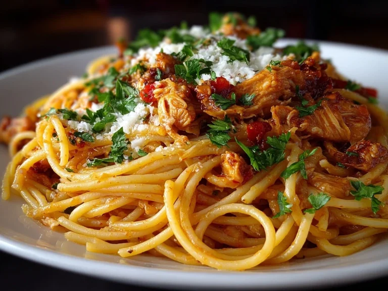 Close-up of Homemade Crockpot Chicken Spaghetti