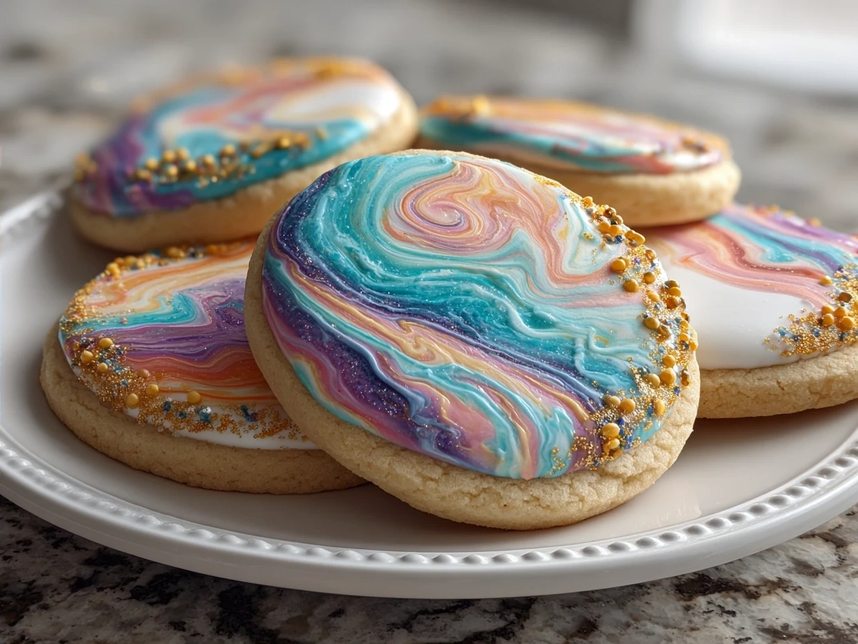 Several colorful marbled sugar cookies on a white plate
