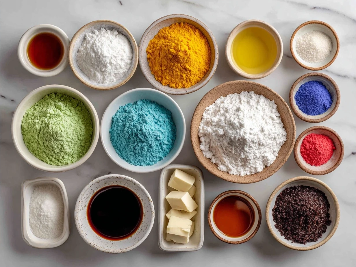 Ingredients for making colorful marbled sugar cookies including flour, sugar, butter, eggs, vanilla, baking powder, salt and gel food coloring