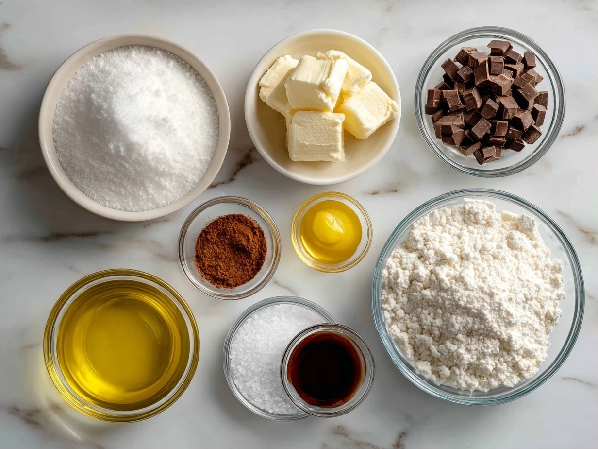 All the ingredients needed to make cotton candy fudge: sugar, butter, evaporated milk, salt, white chocolate chips, marshmallow creme, vanilla extract, cotton candy flavoring, and pastel food coloring