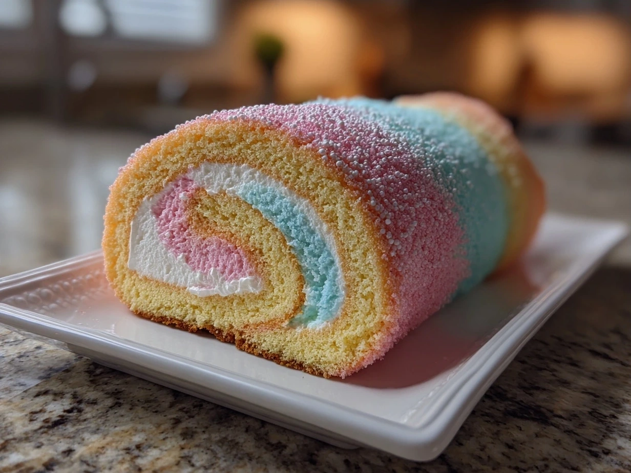 Finished Cotton Candy Swiss Cake Roll with pink and blue pastel colors, sliced and ready to serve