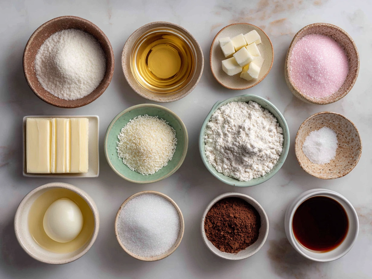 Ingredients for Cotton Candy Swiss Cake Roll on a rustic table