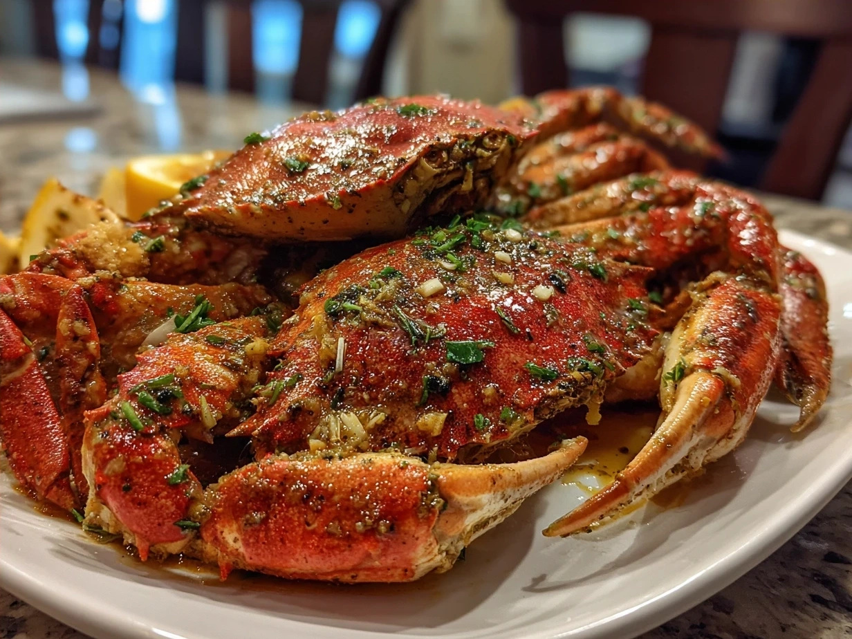 A bountiful crab boil served on a paper-lined table, covered in spicy garlic butter sauce, with lemon wedges and parsley.