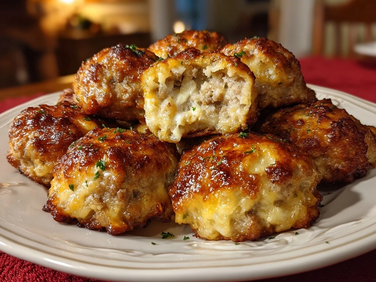 Finished golden Cream Cheese Sausage Balls arranged for serving