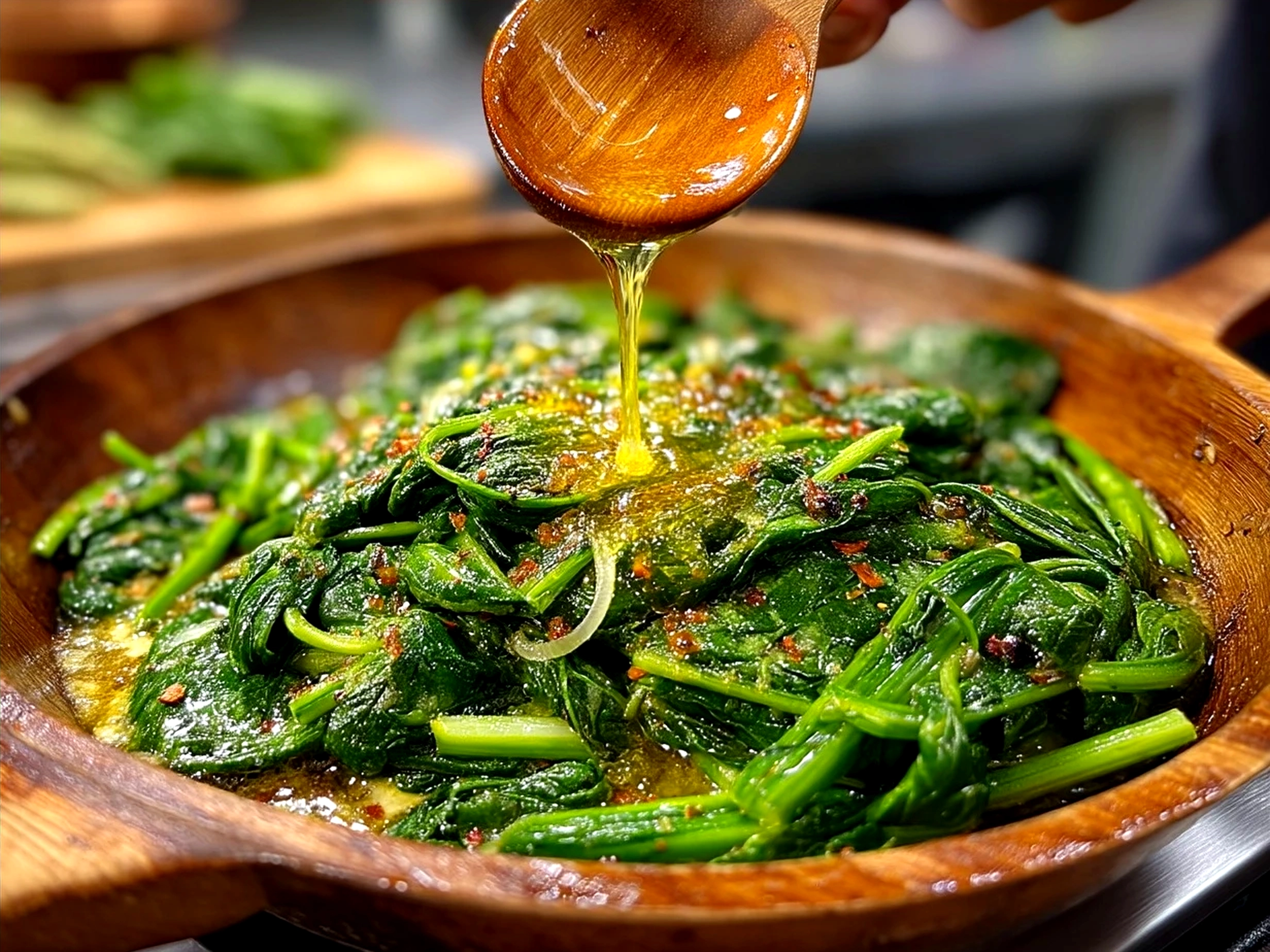 Creamed Spinach served in rustic white bowl with melted butter drizzle