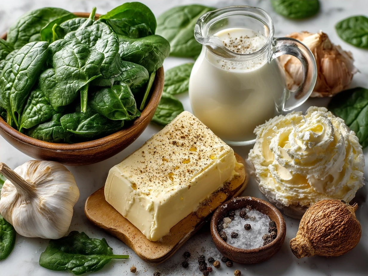 Ingredients for Creamed Spinach including fresh baby spinach, butter, garlic, heavy cream, Parmesan, and nutmeg