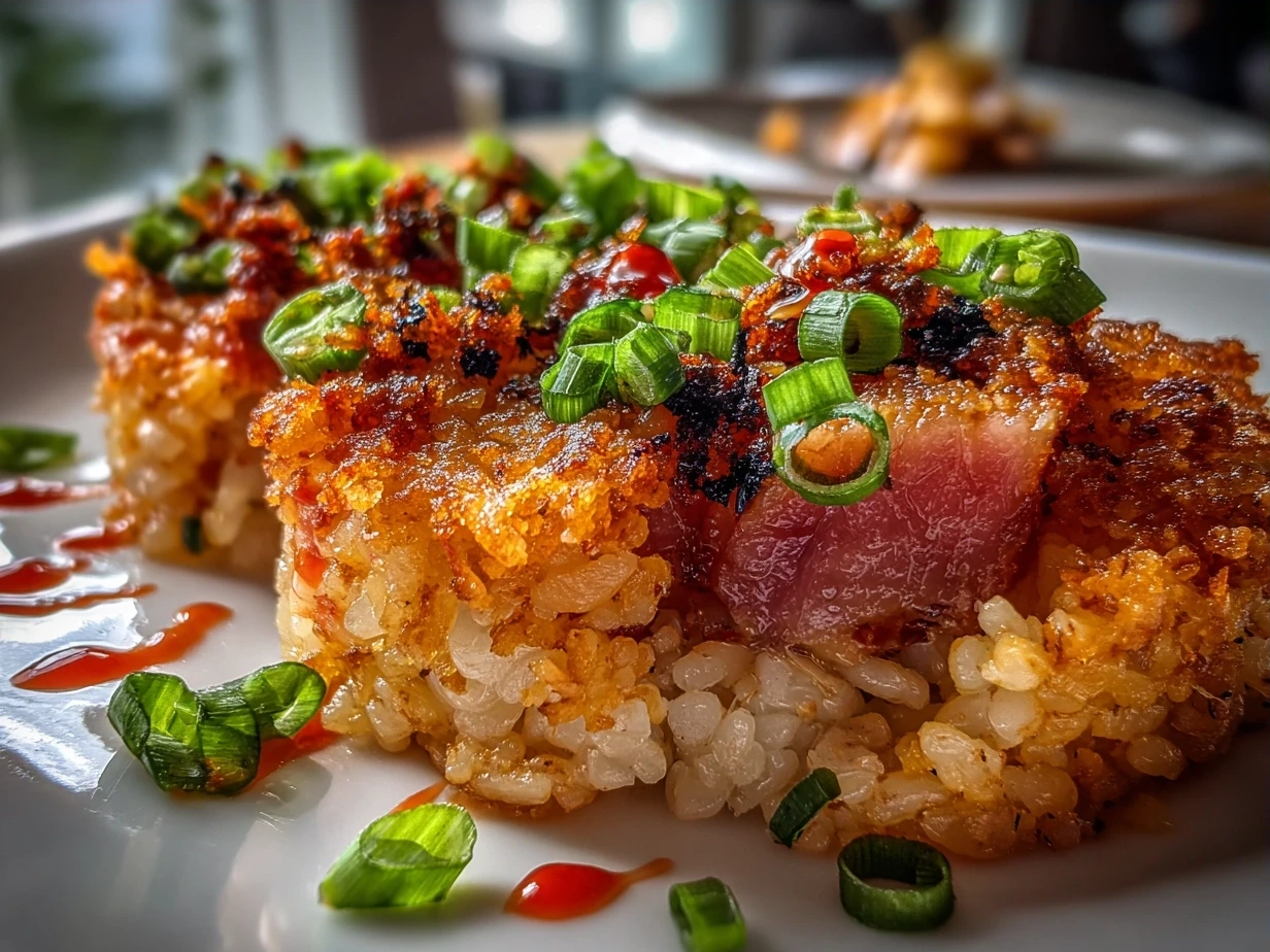 Final presentation of Crispy Rice Spicy Tuna Japanese fusion dish